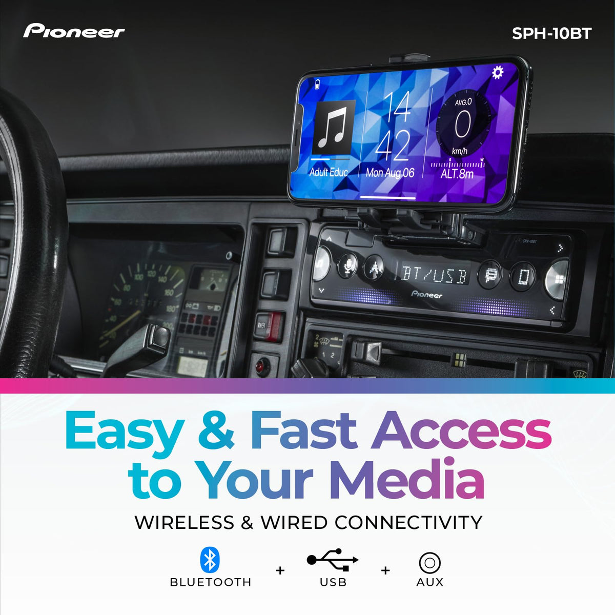 Pioneer SPH-10BT USB and AUX inputs for flexible music playback.