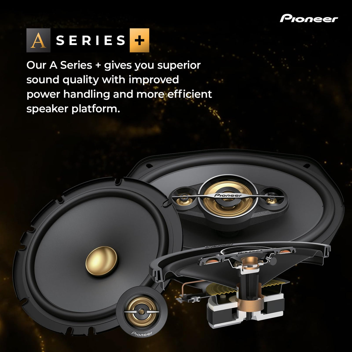 Pioneer TS-A1301C 2-Way component detail shows midrange and tweeter clarity.