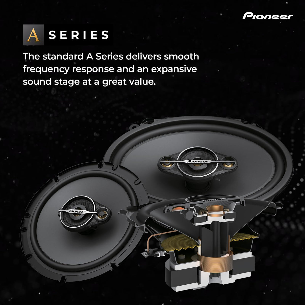 Pioneer TS-A1671F 3-way design close-up for precise frequency separation and balanced in-car audio.