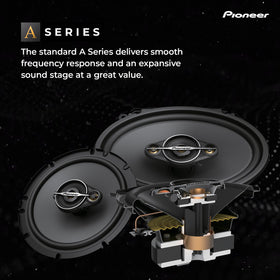 Pioneer TS-A1671F 3-way design close-up for precise frequency separation and balanced in-car audio.