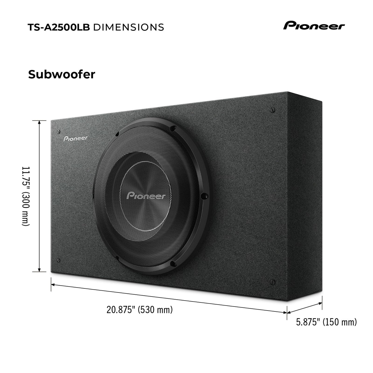 Pioneer TS-A2500LB branded grille and carpeted enclosure protect subwoofer.