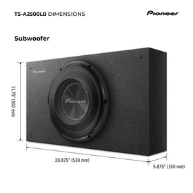 Pioneer TS-A2500LB branded grille and carpeted enclosure protect subwoofer.
