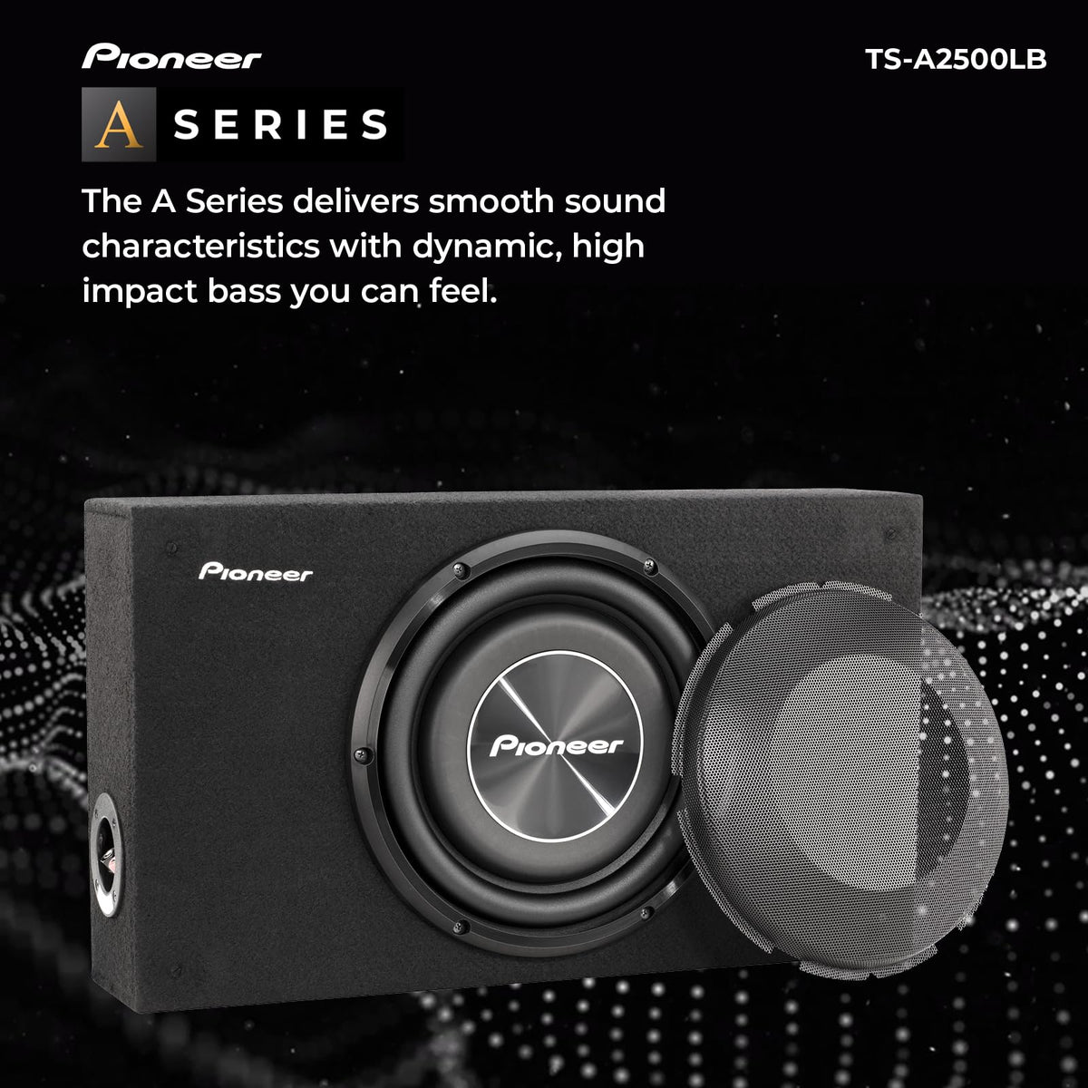 Pioneer TS-A2500LB enclosure closeup highlighting sturdy MDF and reinforced cone.