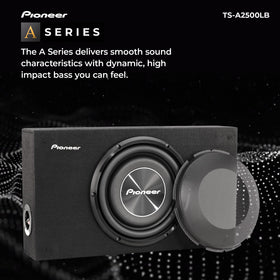 Pioneer TS-A2500LB enclosure closeup highlighting sturdy MDF and reinforced cone.