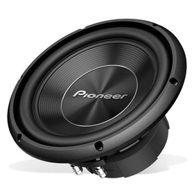 Pioneer TS-A250D4 10-inch subwoofer cone close-up showing rigid cone for precise bass.
