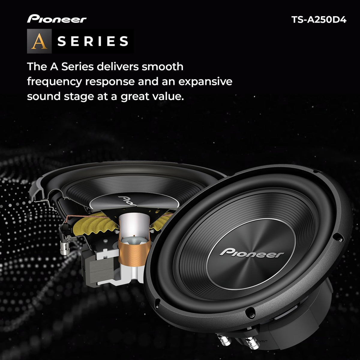 Pioneer TS-A250D4 voice coil detail highlighting flexible wiring options.