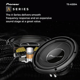 Pioneer TS-A25S4 side view highlights compact mounting depth for flexible installs.