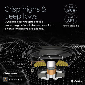 Pioneer TS-A25S4 voice coil close-up demonstrates efficient power handling.