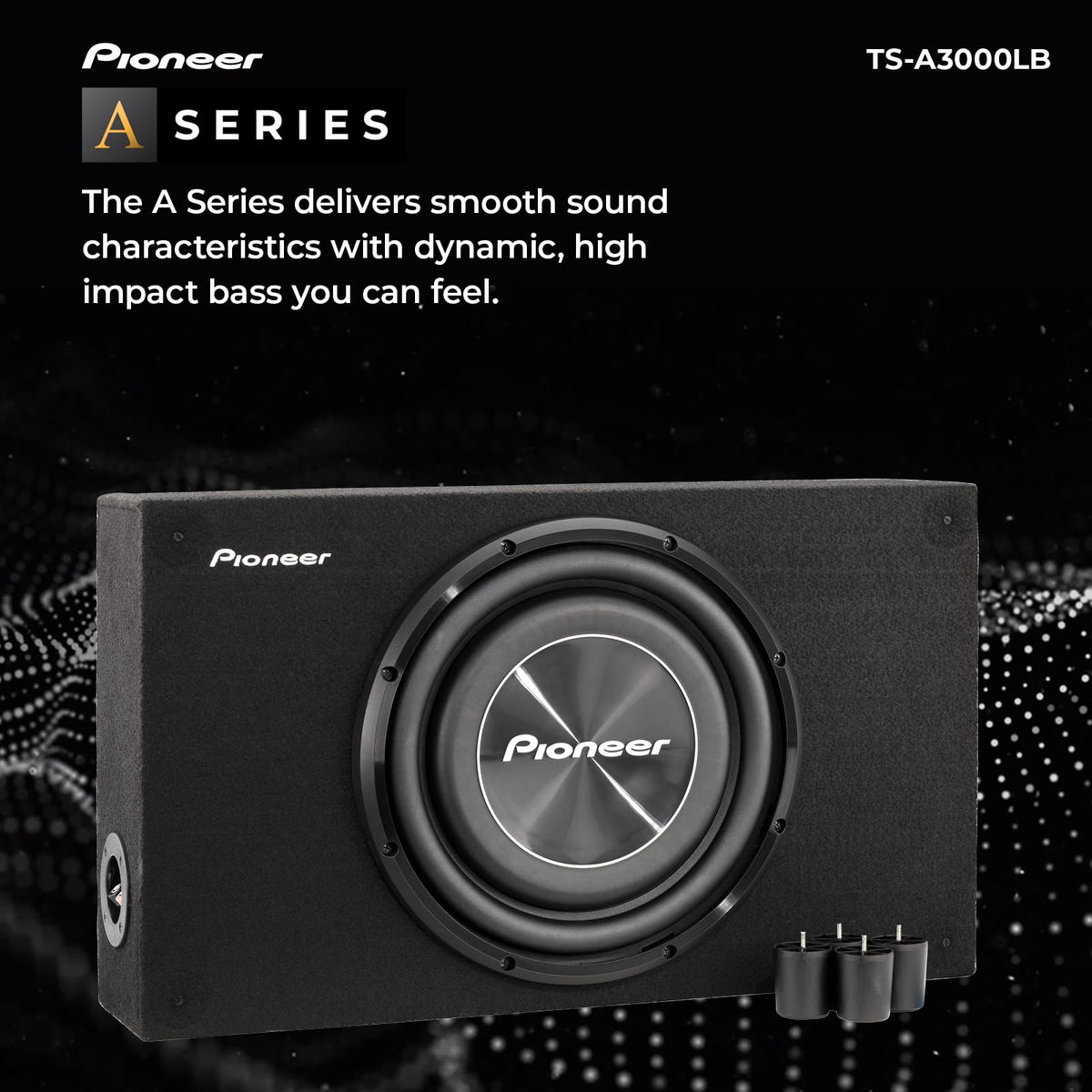 Pioneer TS-A3000LB cone detail highlights glass-fiber and mica reinforced construction.
