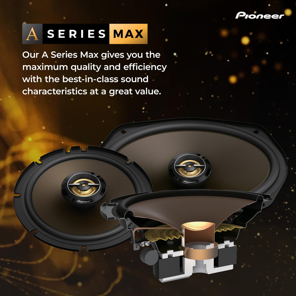 Pioneer TS-A653CH 2-way component design highlights balanced midrange and tweeter.