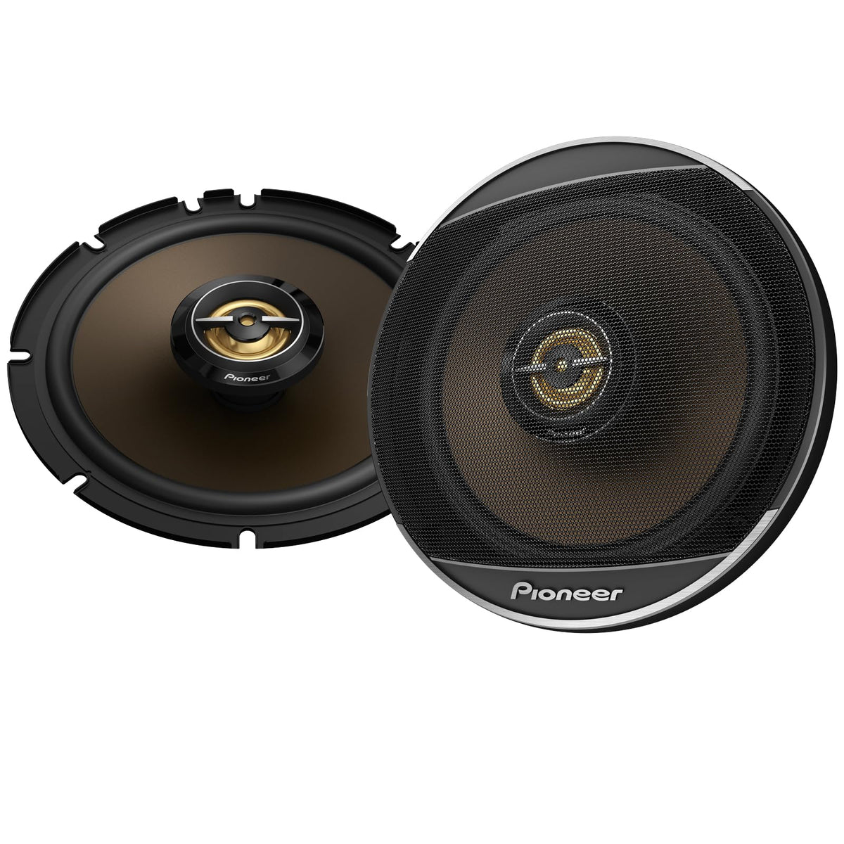 Pioneer TS-A653FH 6.5-inch coaxial front view highlights vibrant gold cone for clearer sound
