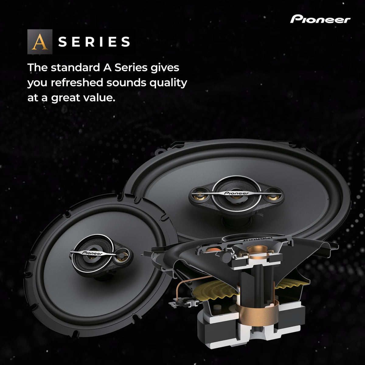 PIONEER TS-A6881F front view shows sturdy construction for long-lasting listening.