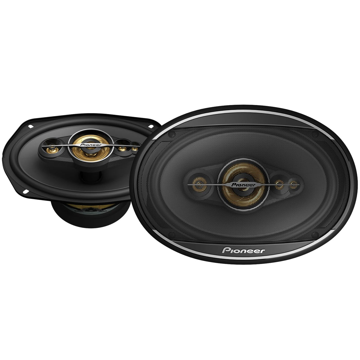 Pioneer TS-A6991FH front view in black and gold showcases bold styling and build quality.