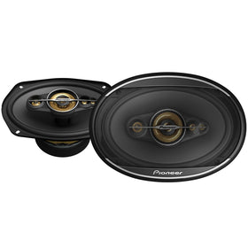 Pioneer TS-A6991FH front view in black and gold showcases bold styling and build quality.