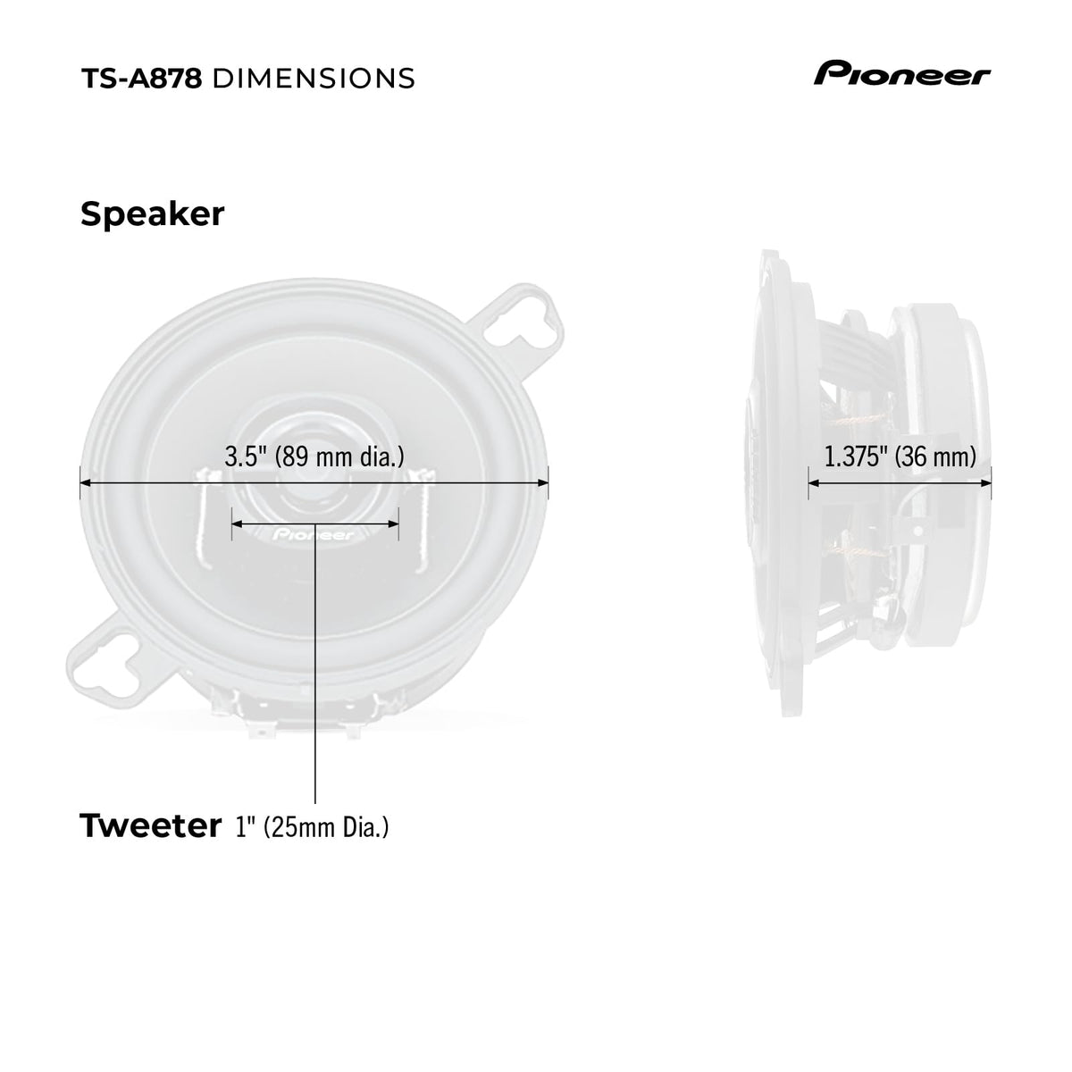 Pioneer TS-A878 product label and specs showing power ratings and frequency benefits