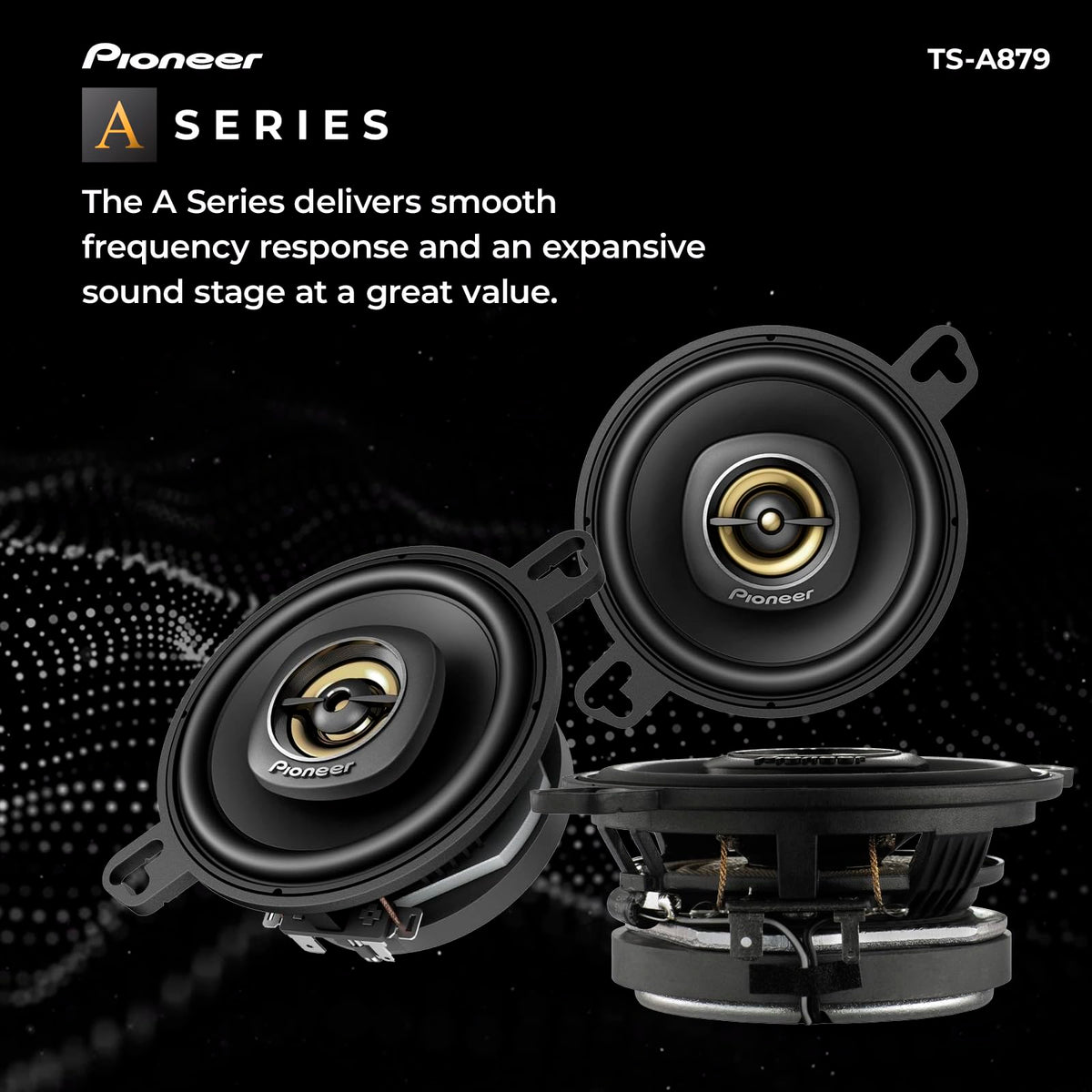 Pioneer TS-A879 2-way crossover detail highlights balanced sound reproduction.