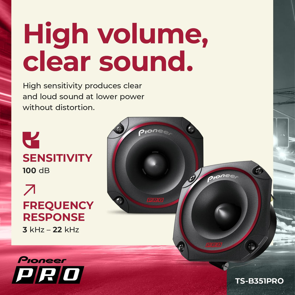 PIONEER TS-B351PRO continuous 150W rating sustains performance on long drives.