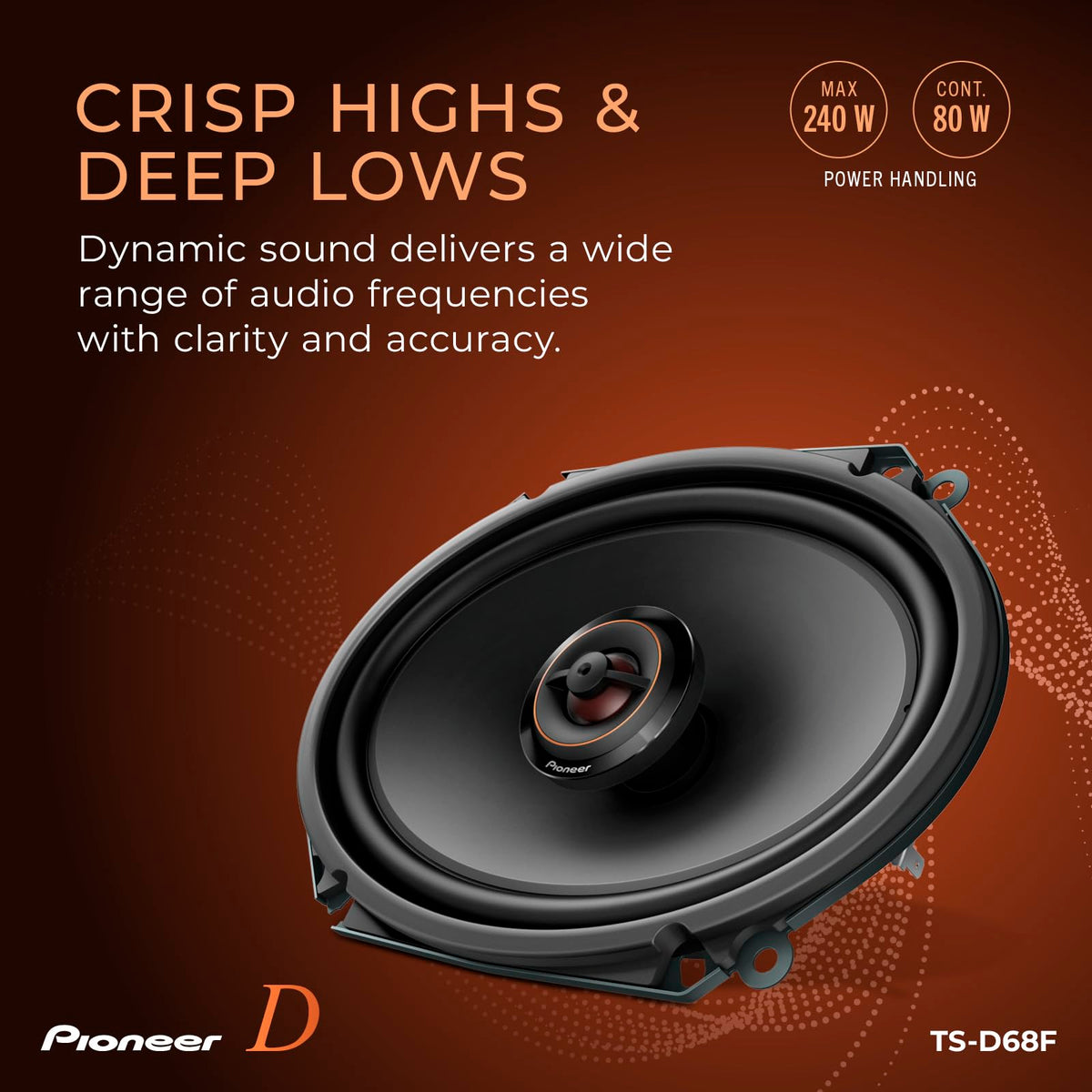 Pioneer TS-D68F frequency-response-graph illustrates wide range from lows to highs.