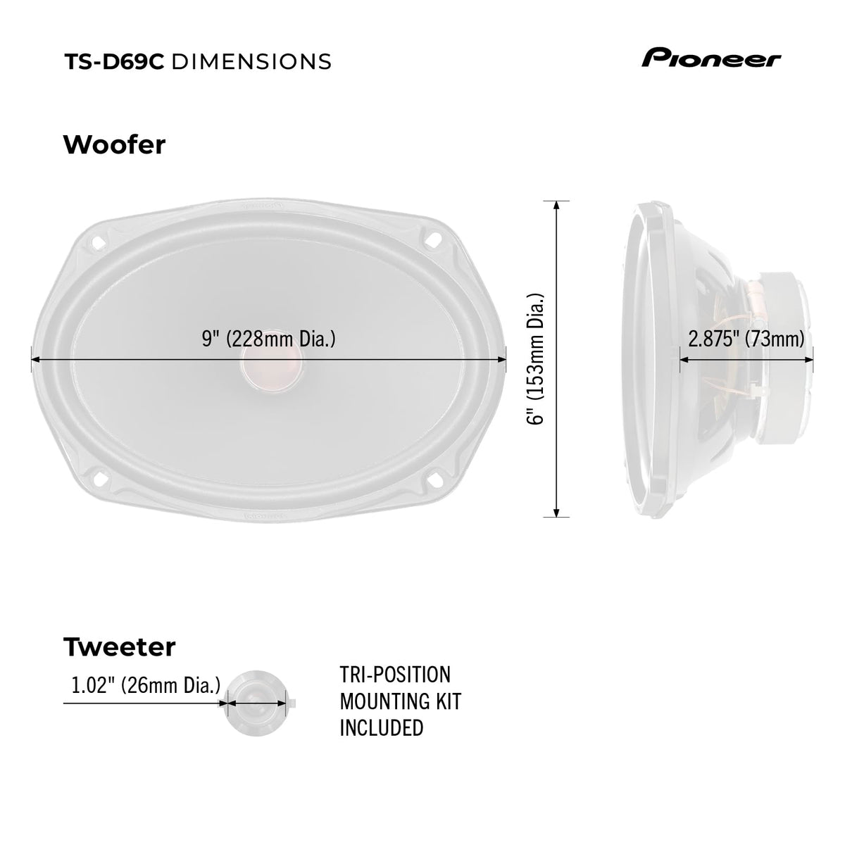 Pioneer TS-D69C surface-mount option for versatile dash fit.