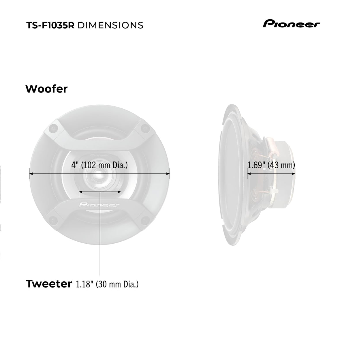 PIONEER TS-F1035R next to ruler showing exact 4-inch size for compatibility
