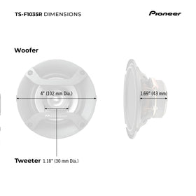 PIONEER TS-F1035R next to ruler showing exact 4-inch size for compatibility