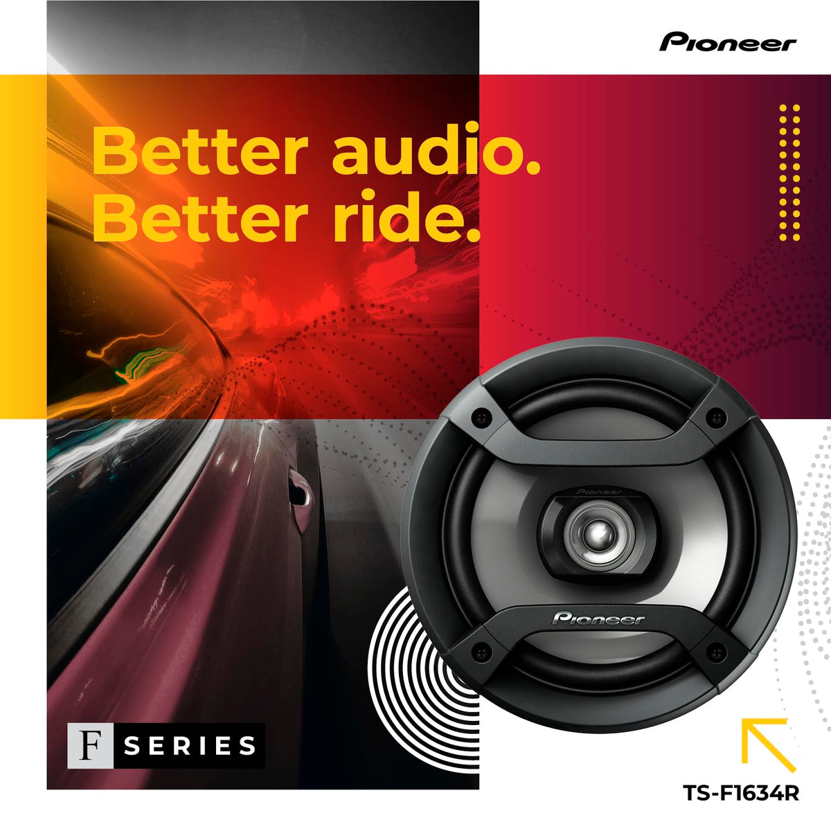 Pioneer TS-F1634R tweeter close-up highlighting crisp treble reproduction benefit
