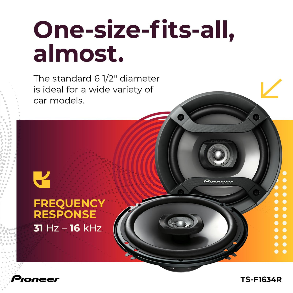 Pioneer TS-F1634R next to ruler for size and scale to confirm 6.5-inch fit