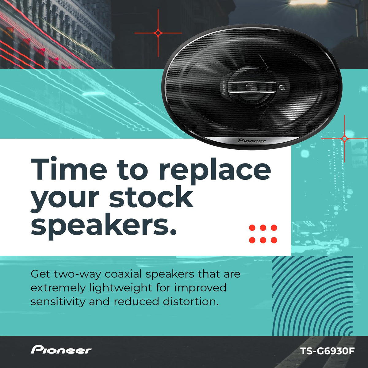 PIONEER TS-G6930F woofer-midrange-tweeter assembly visible for balanced sound.