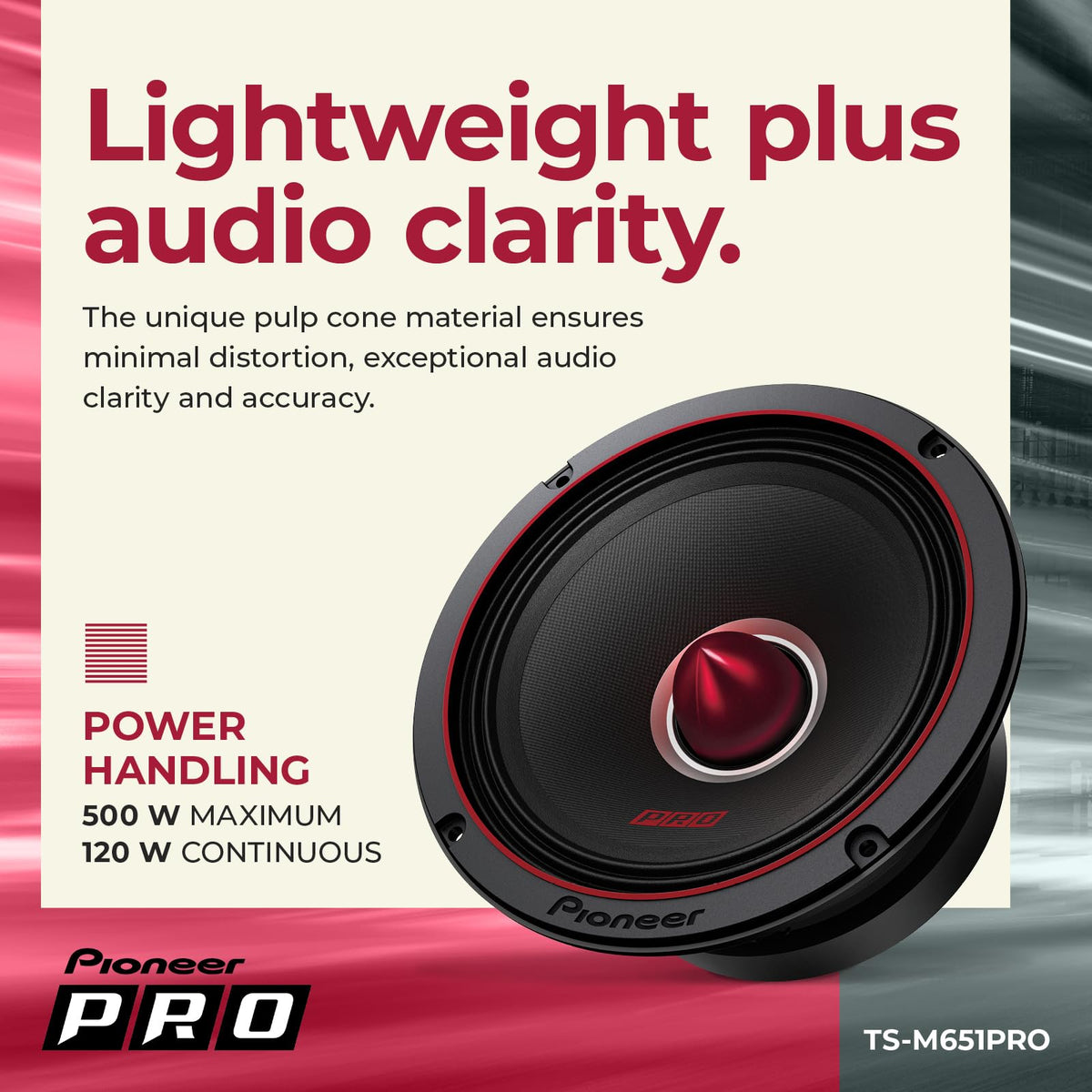 PIONEER TS-M651PRO bullet tweeter detail emphasizes crisp high frequencies.