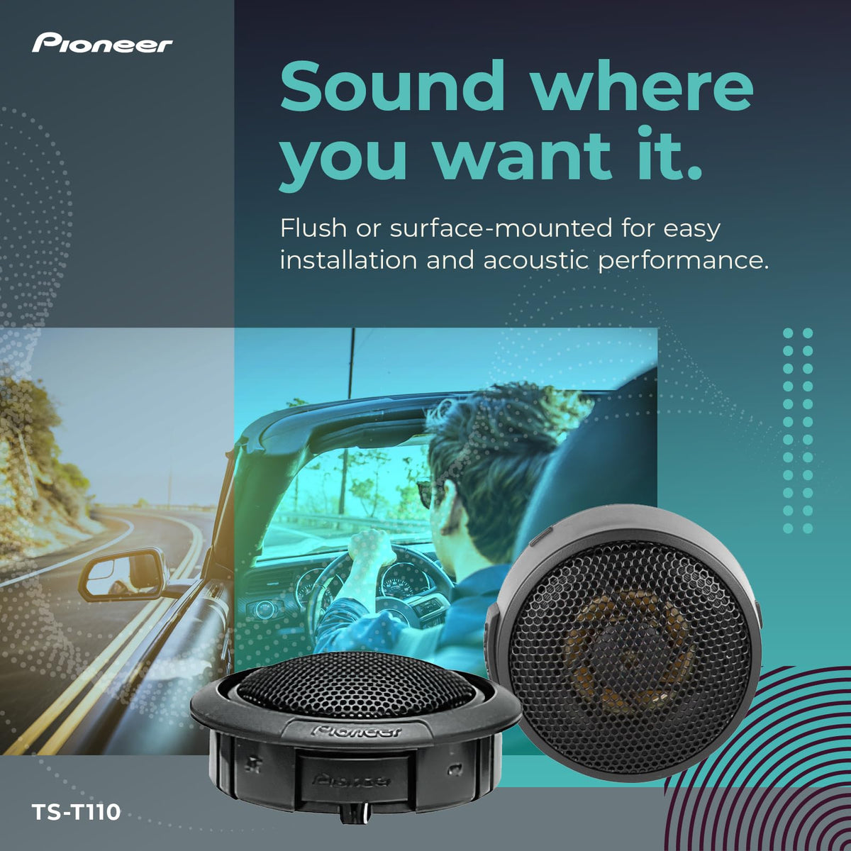 PIONEER TS-T110 installed in car dash aiming sound for improved imaging