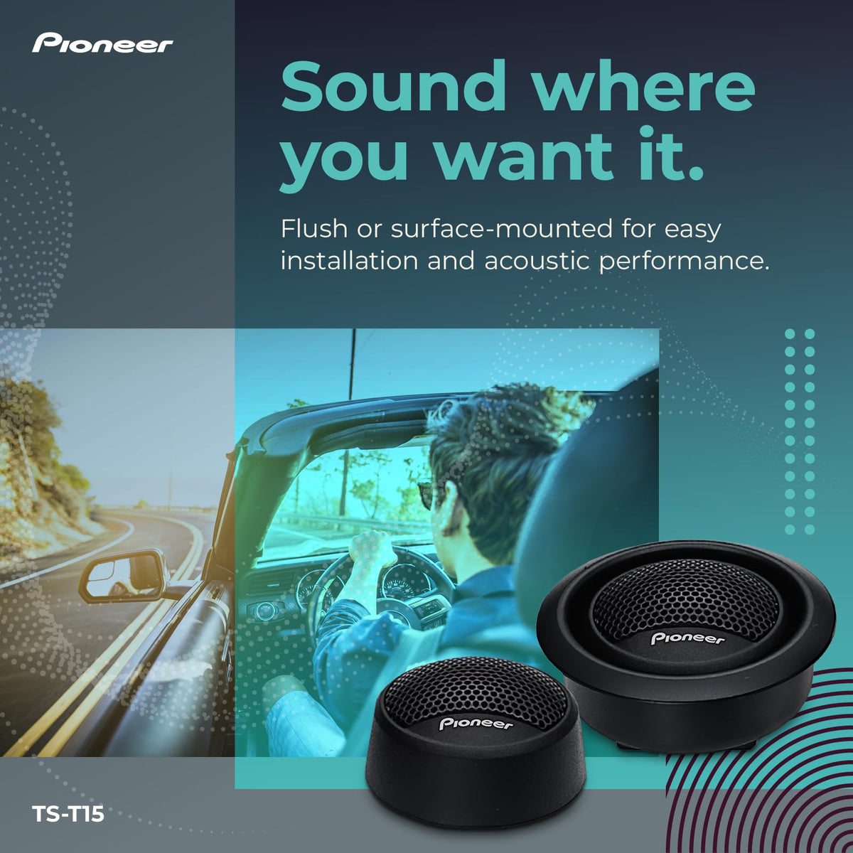 PIONEER TS-T15 mounted in car door demonstrating improved imaging and placement benefit