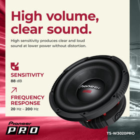 PIONEER TS-W3020PRO frequency response ranges from 20 Hz to 200 Hz.