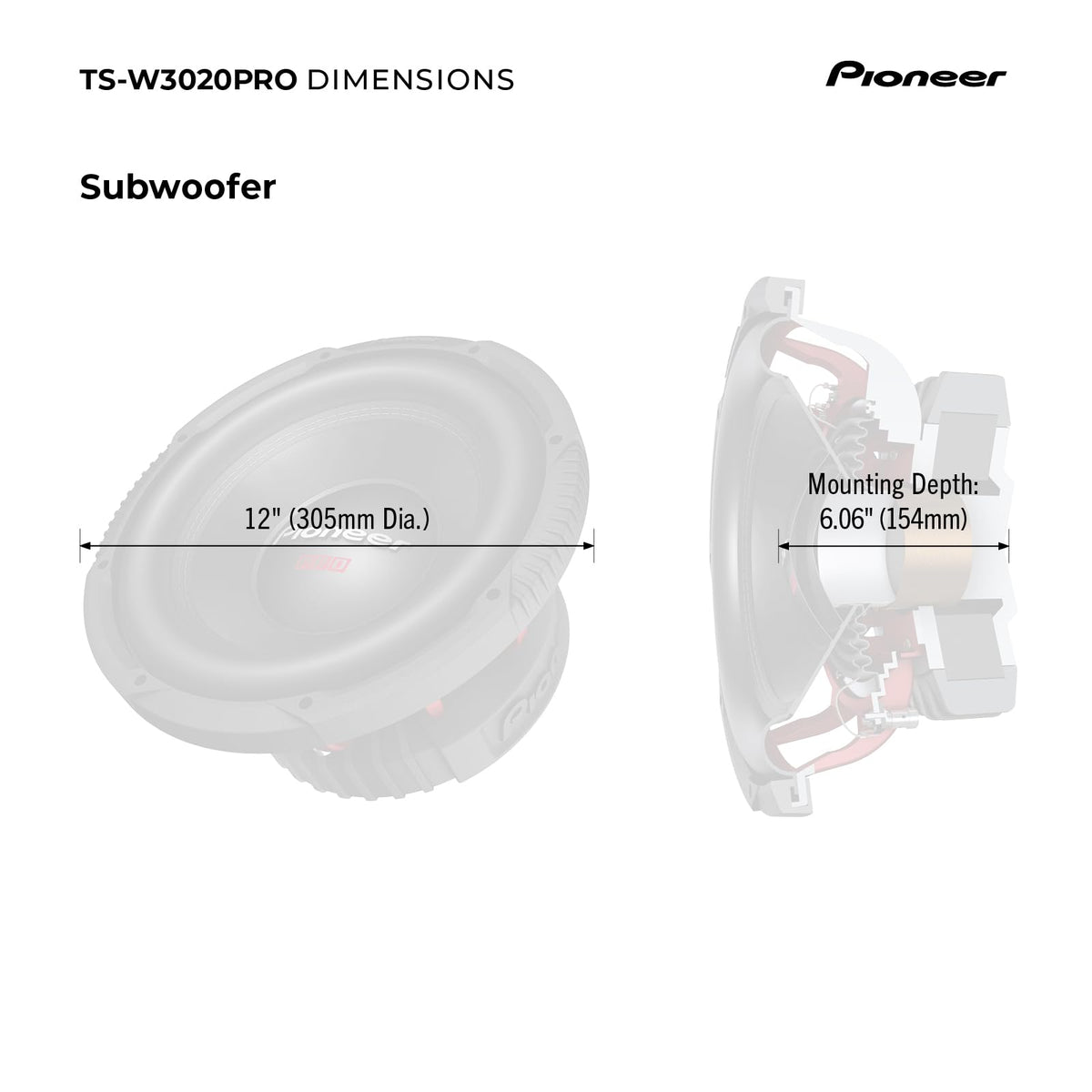 PIONEER TS-W3020PRO installation guide visuals show easy integration into cars.