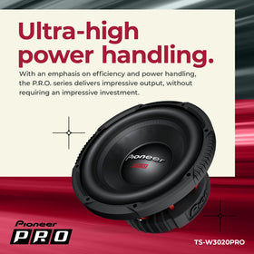 PIONEER TS-W3020PRO power-handling graphic demonstrates 3500W peak and 1800W RMS output.