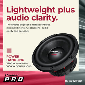 PIONEER TS-W3020PRO enclosure options illustrate sealed and ported compatibility.