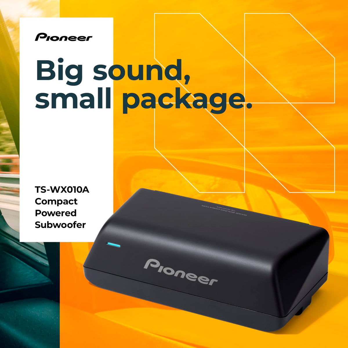 Pioneer TS-WX010A compact dimensions fit in the passenger footwell.