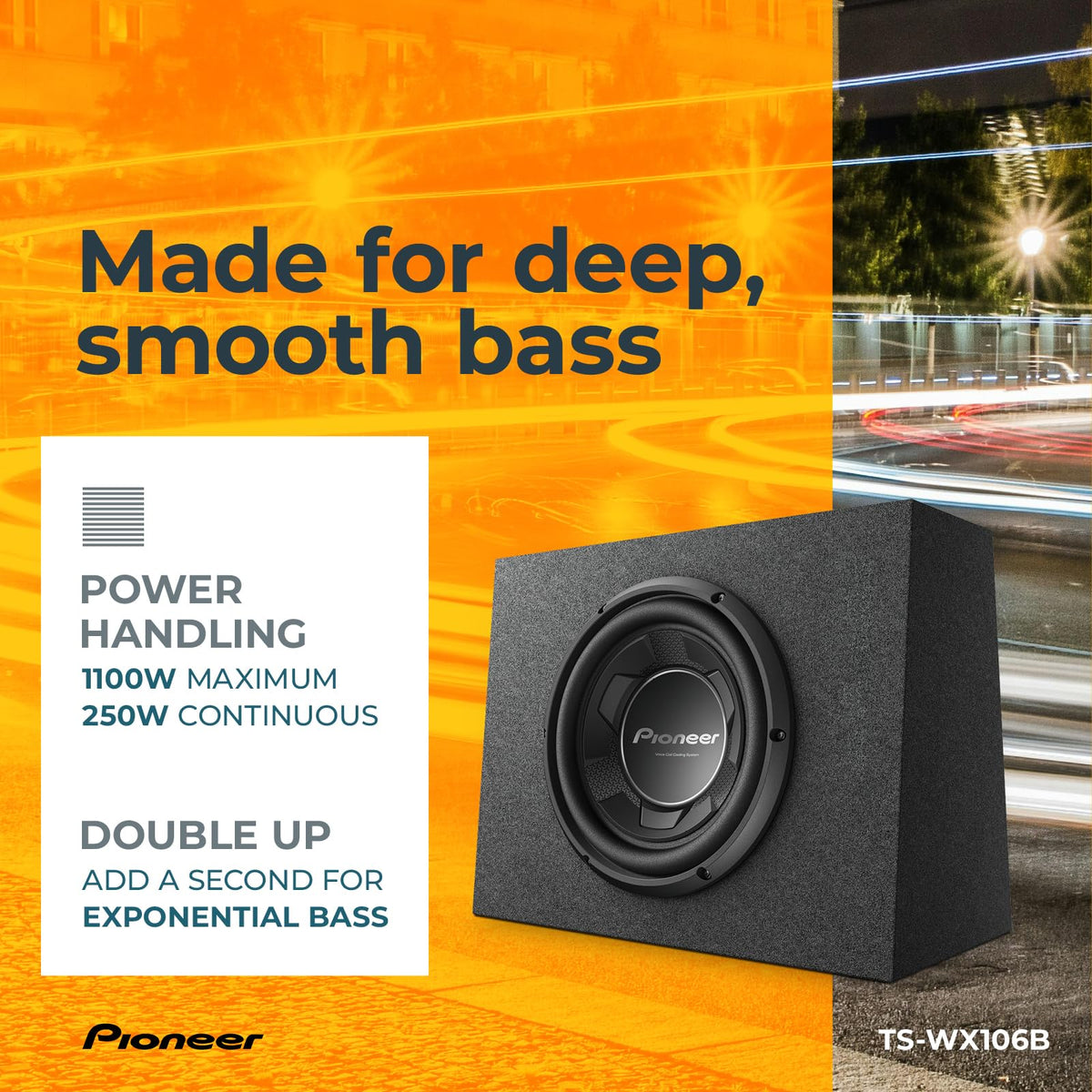 Pioneer TS-WX106B compact 10-inch design fits under seats for versatile setup.