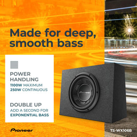Pioneer TS-WX106B compact 10-inch design fits under seats for versatile setup.