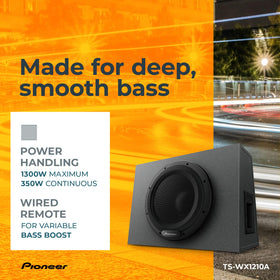 Pioneer TS-WX1210A amp close-up highlighting Class D efficiency.