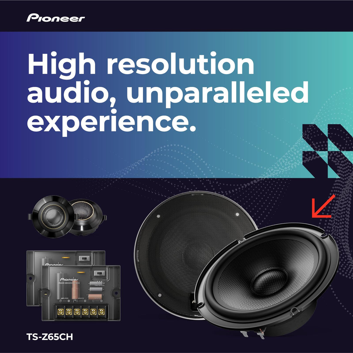 Pioneer TS-Z65CH woofer-cone highlights deep bass and wide frequency range