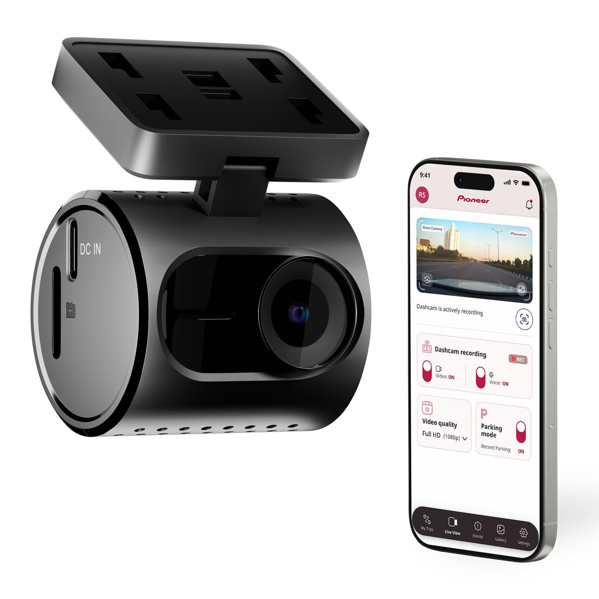 Pioneer VREC‑H120SC front view showing compact body and lens for discreet protection