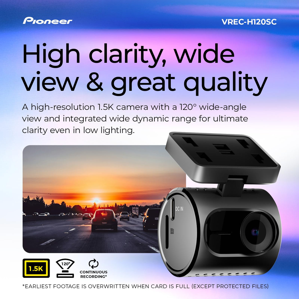 Pioneer VREC‑H120SC lens closeup showing 120° wide‑angle element for wider coverage