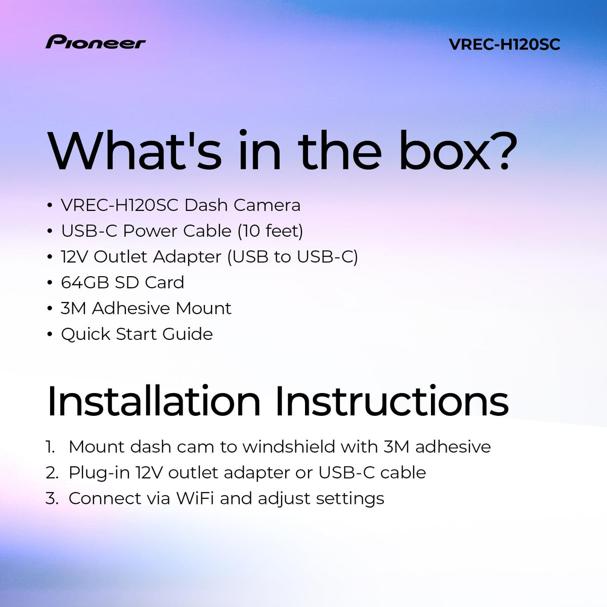 Pioneer VREC‑H120SC box with 3M mount and USB‑C cable for out‑of‑box installation