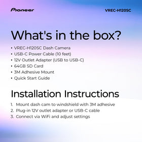 Pioneer VREC‑H120SC box with 3M mount and USB‑C cable for out‑of‑box installation