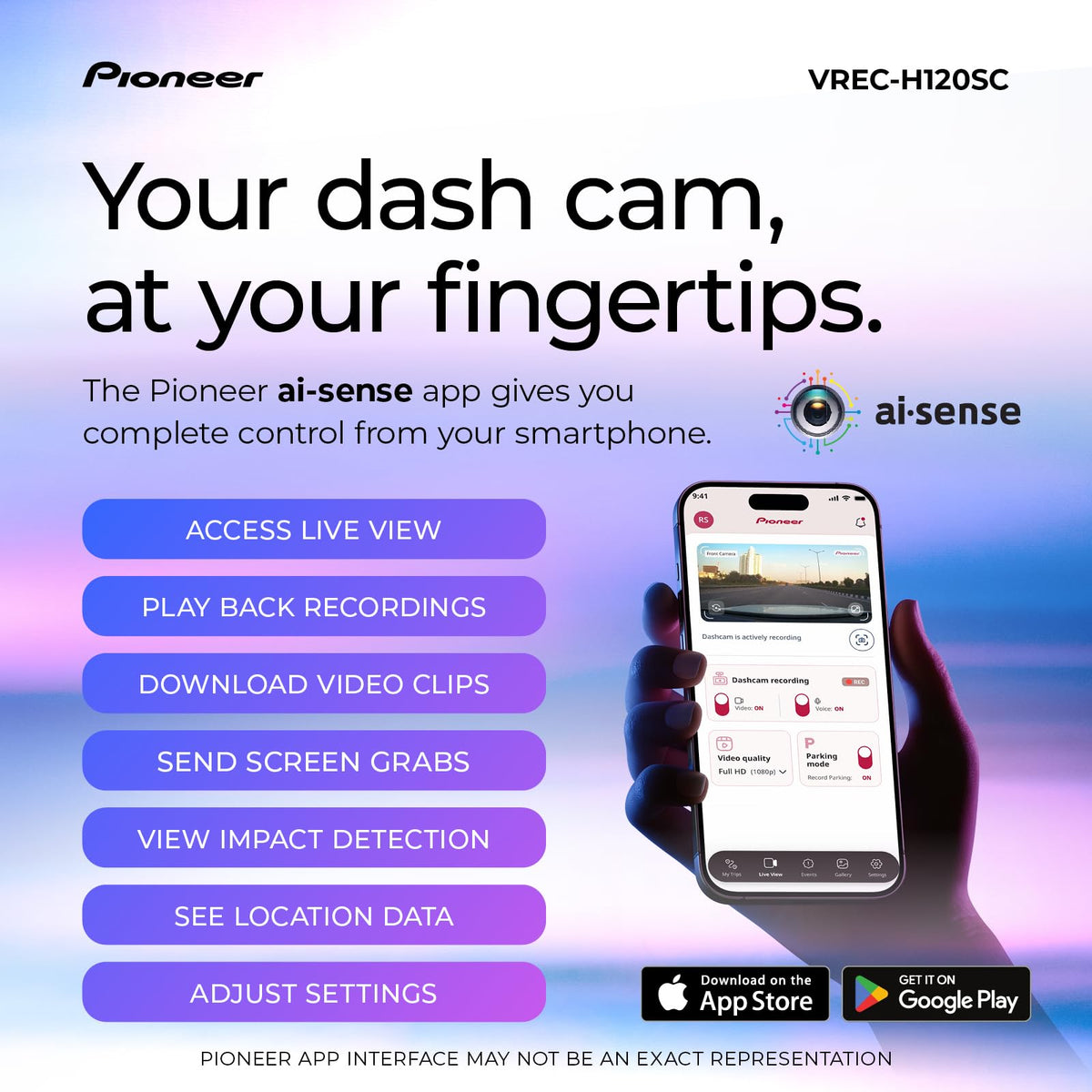 Pioneer VREC‑H120SC beside 64GB microSD to show included storage and ready use