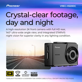 Pioneer VREC-H520DC delivers 2K resolution for sharp driving footage.