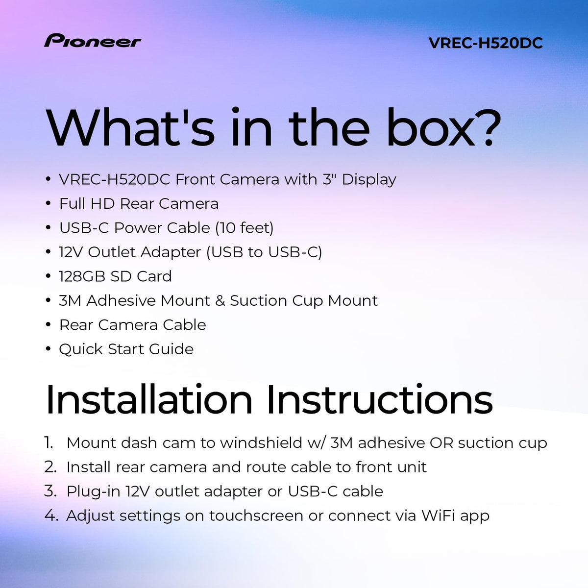 Pioneer VREC-H520DC simple installation with adhesive or suction mount.