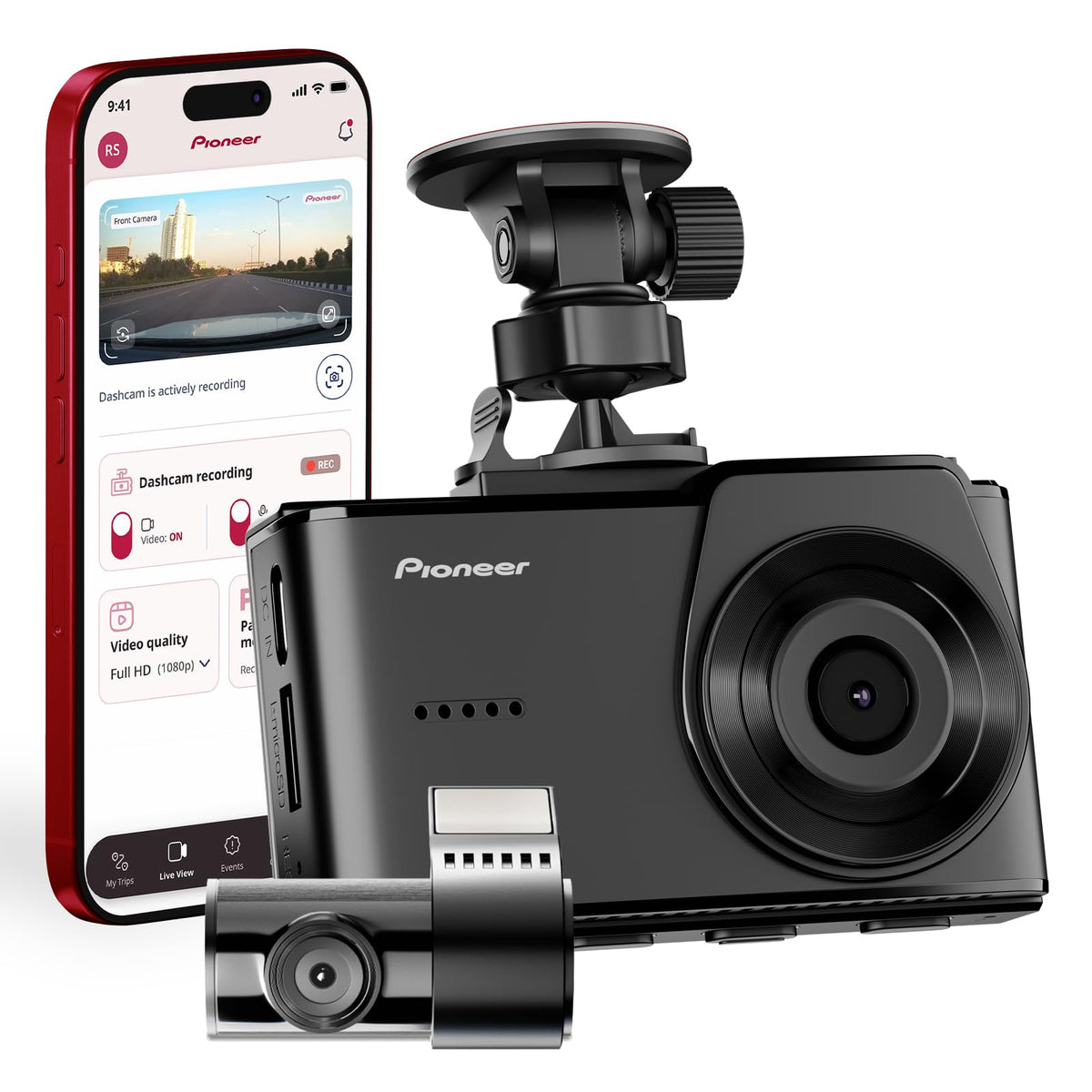 Pioneer VREC-H520DC front camera view for comprehensive road monitoring.