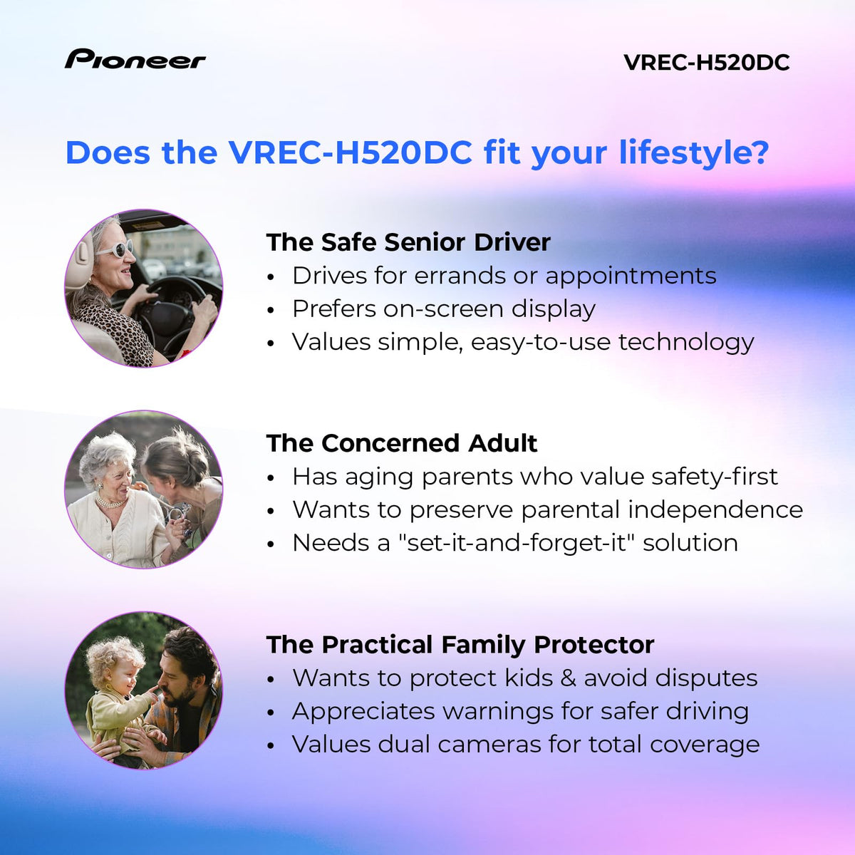 Pioneer VREC-H520DC continuous recording for 24/7 coverage.