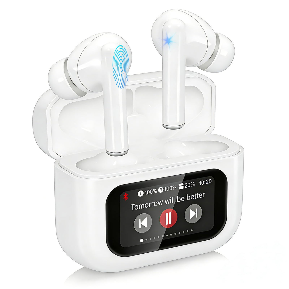 PIPIMOO wireless earbuds with full-color display showing battery and status